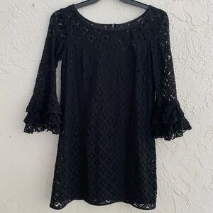 New Directions Lace Whimsygoth Coquette Dress 8 Black Bell Sleeve Tiered Ruffle‎